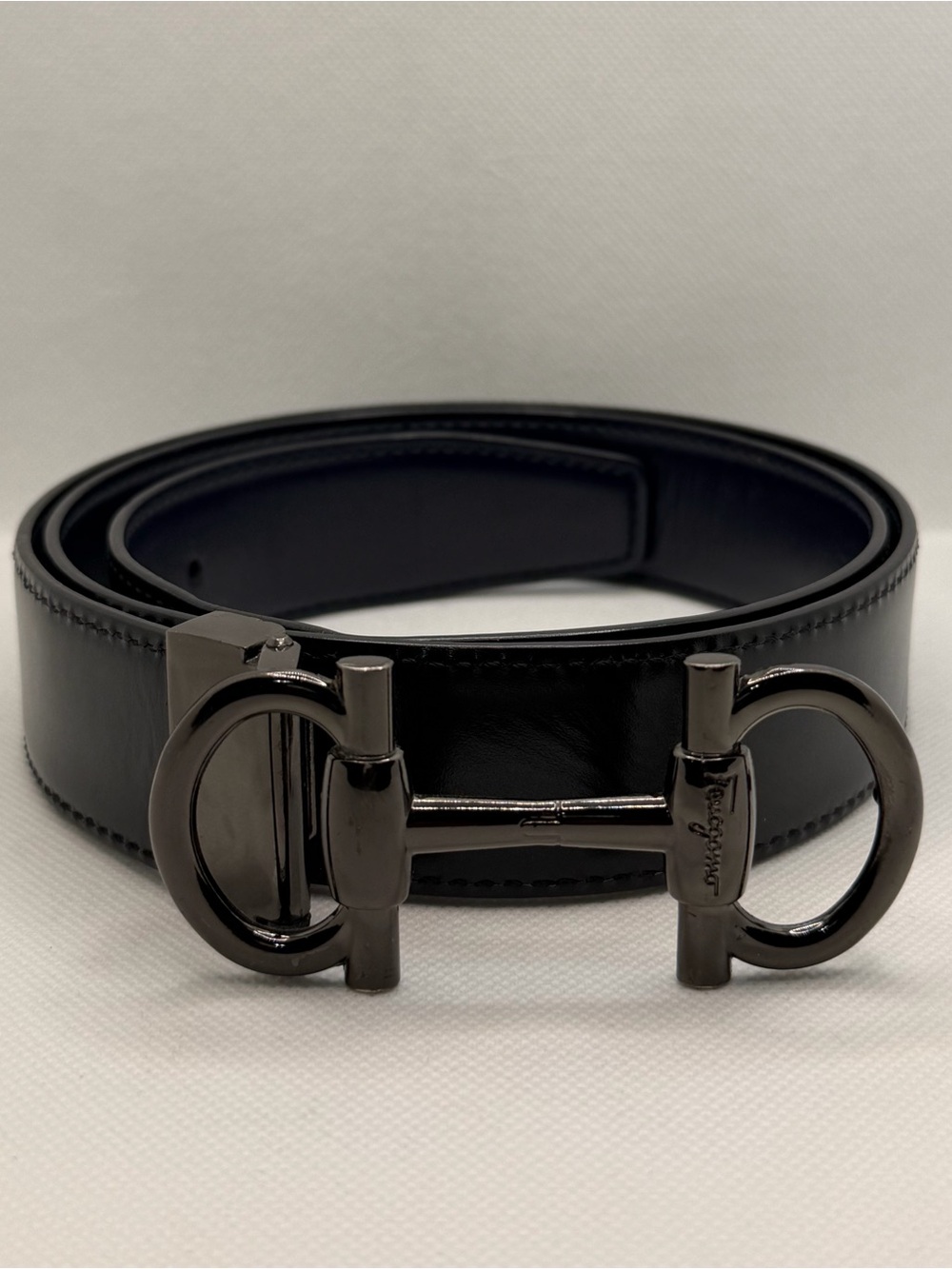 Salvatore Ferragamo Black Leather Belt with Gunmetal Double Gancini Buckle